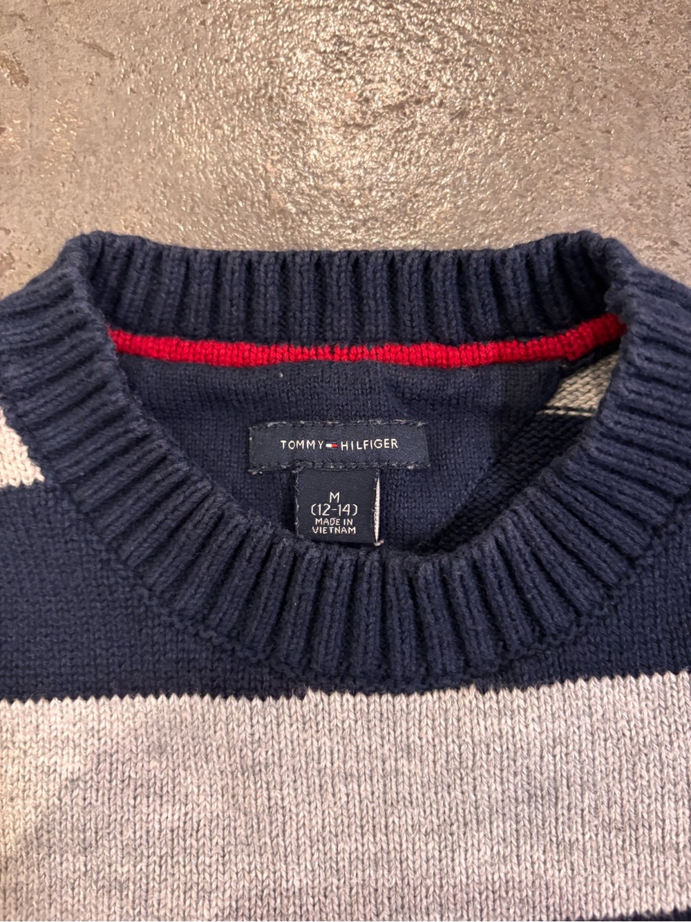 Tommy Hilfiger Navy, Light Gray & Red Trim Striped Crewneck Sweater